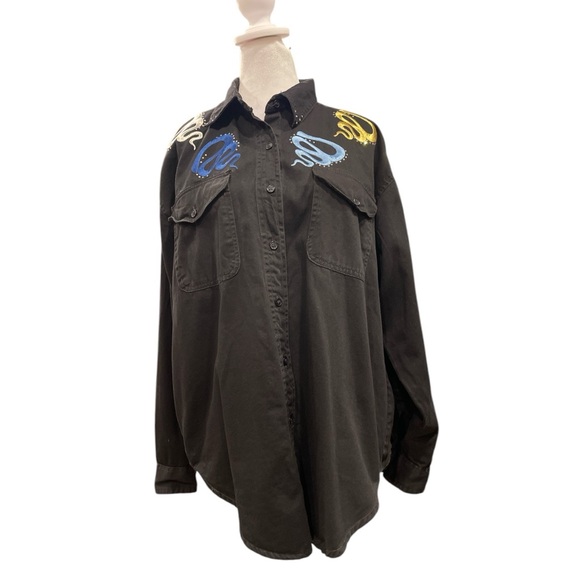 22nd Terrace M Black Oversized Denim Shirt Rhinestone Embroidery Y2K - Picture 2 of 7